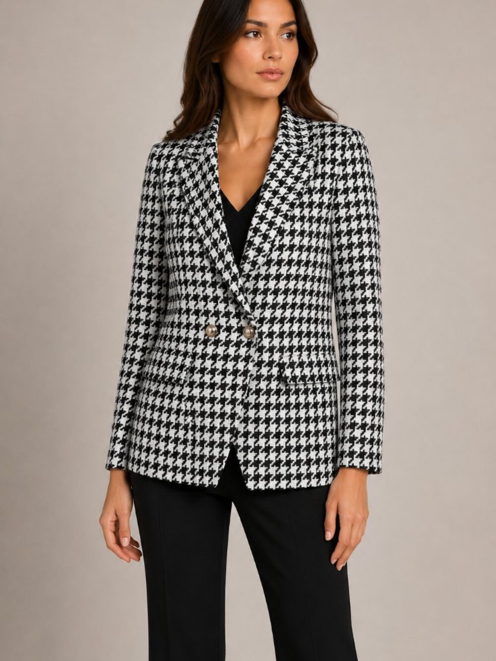 Attitude Unknown L Black White Houndstooth Double Breasted Blazer Gold Buttons